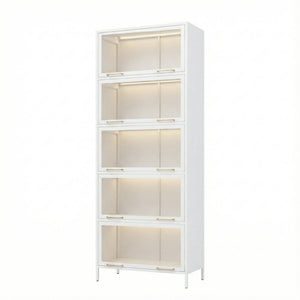 English Elm 76.75'' Five Tier Iron Curio Cabinet Tempered Glass Doors Led Lit White Steel SN845P397473W