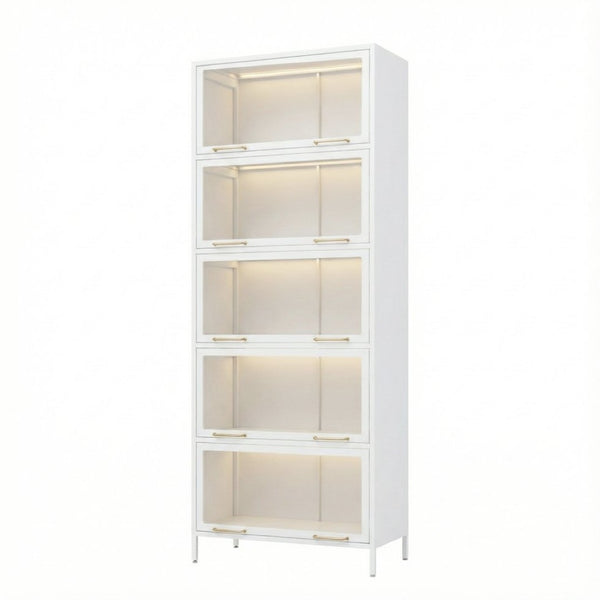 English Elm 76.75'' Five Tier Iron Curio Cabinet Tempered Glass Doors Led Lit White Steel SN845P397473W