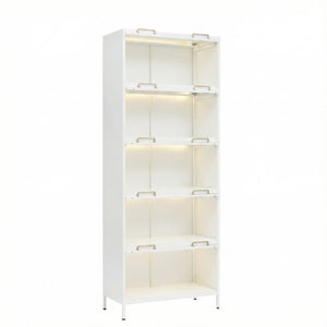 English Elm 76.75'' Five Tier Iron Curio Cabinet Tempered Glass Doors Led Lit White Steel SN845P397473W