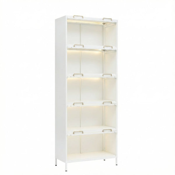 English Elm 76.75'' Five Tier Iron Curio Cabinet Tempered Glass Doors Led Lit White Steel SN845P397473W