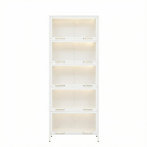 English Elm 76.75'' Five Tier Iron Curio Cabinet Tempered Glass Doors Led Lit White Steel SN845P397473W