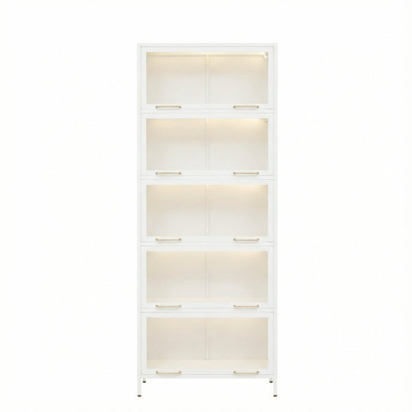English Elm 76.75'' Five Tier Iron Curio Cabinet Tempered Glass Doors Led Lit White Steel SN845P397473W