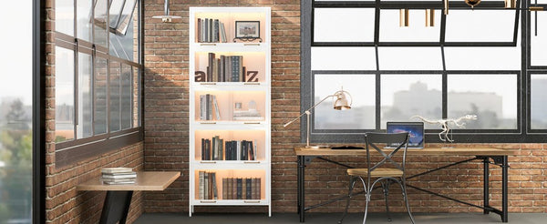 English Elm 76.75'' Five Tier Iron Curio Cabinet Tempered Glass Doors Led Lit White Steel SN845P397473W