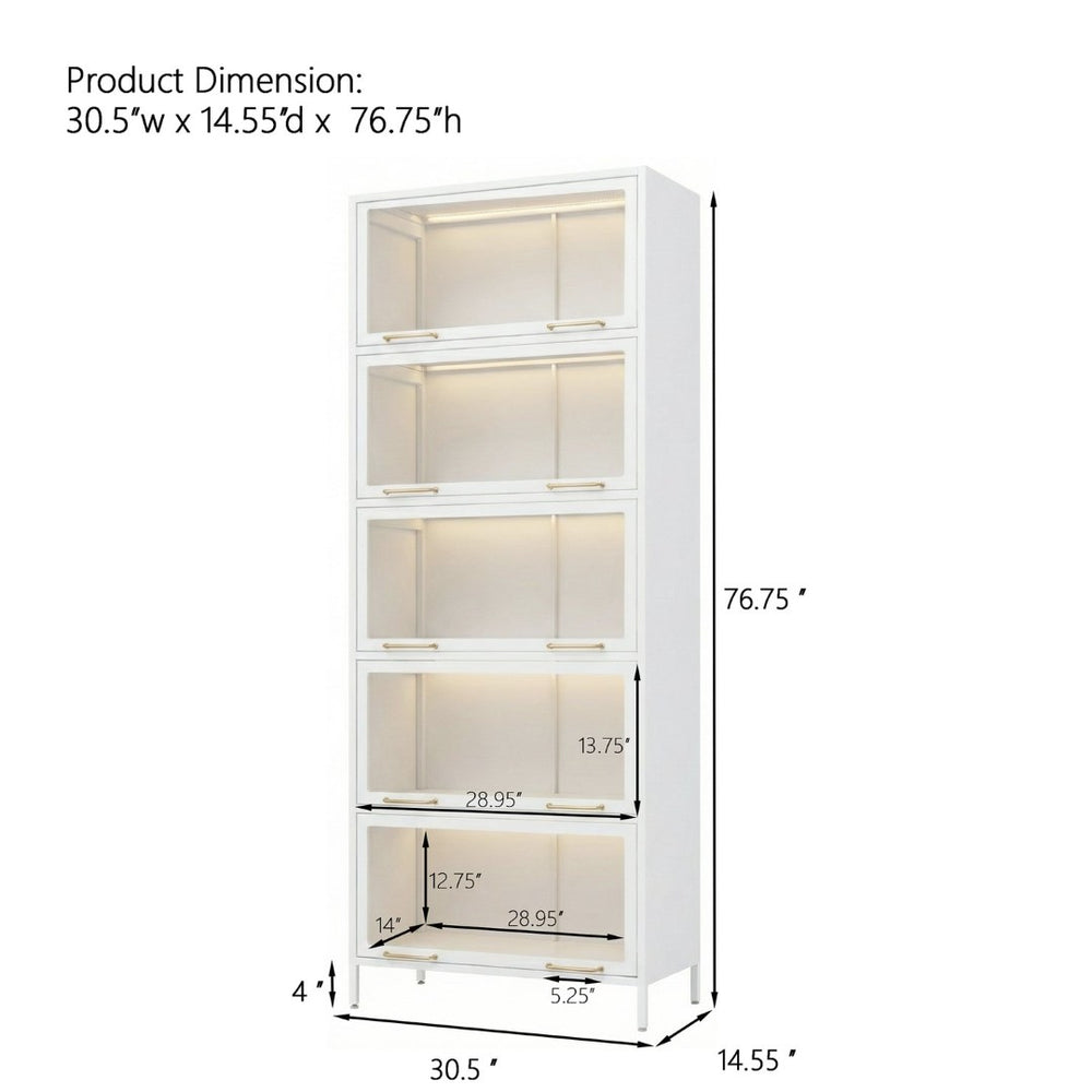 English Elm 76.75'' Five Tier Iron Curio Cabinet Tempered Glass Doors Led Lit White Steel SN845P397473W