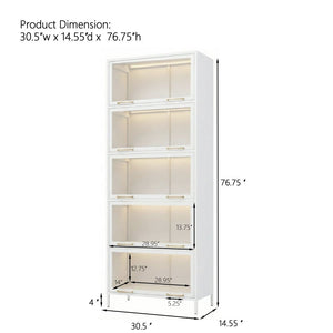 English Elm 76.75'' Five Tier Iron Curio Cabinet Tempered Glass Doors Led Lit White Steel SN845P397473W