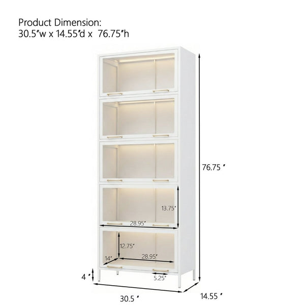 English Elm 76.75'' Five Tier Iron Curio Cabinet Tempered Glass Doors Led Lit White Steel SN845P397473W