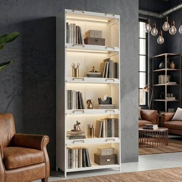 English Elm 76.75'' Five Tier Iron Curio Cabinet Tempered Glass Doors Led Lit White Steel SN845P397473W