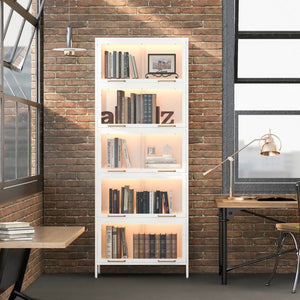 English Elm 76.75'' Five Tier Iron Curio Cabinet Tempered Glass Doors Led Lit White Steel SN845P397473W