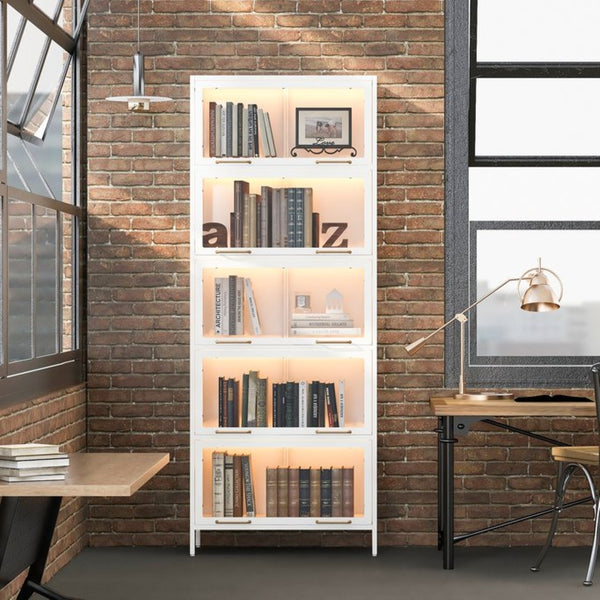 English Elm 76.75'' Five Tier Iron Curio Cabinet Tempered Glass Doors Led Lit White Steel SN845P397473W