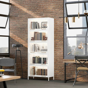 English Elm 76.75'' Five Tier Iron Curio Cabinet Tempered Glass Doors Led Lit White Steel SN845P397473W