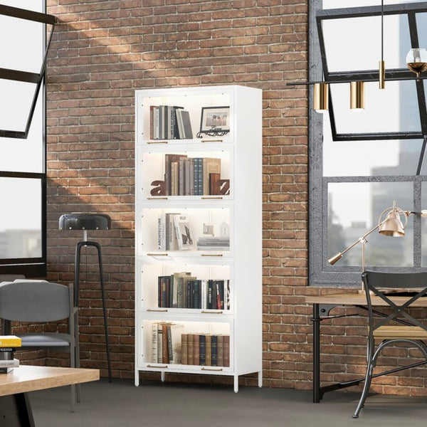 English Elm 76.75'' Five Tier Iron Curio Cabinet Tempered Glass Doors Led Lit White Steel SN845P397473W