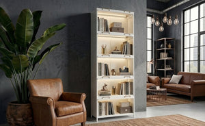 English Elm 76.75'' Five Tier Iron Curio Cabinet Tempered Glass Doors Led Lit White Steel SN845P397473W
