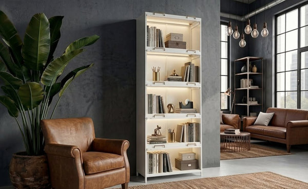 English Elm 76.75'' Five Tier Iron Curio Cabinet Tempered Glass Doors Led Lit White Steel SN845P397473W