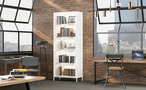 English Elm 76.75'' Five Tier Iron Curio Cabinet Tempered Glass Doors Led Lit White Steel SN845P397473W