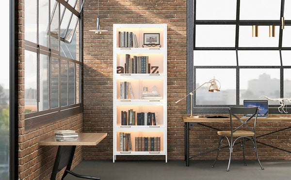 English Elm 76.75'' Five Tier Iron Curio Cabinet Tempered Glass Doors Led Lit White Steel SN845P397473W