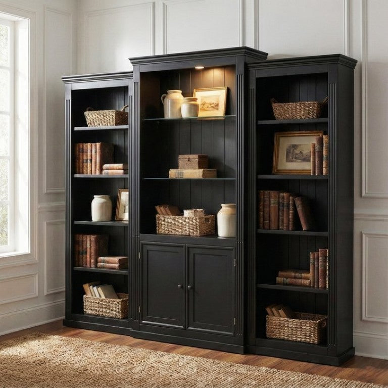 English Elm 78.75 Inch Retro Farmhouse 3 Piece Bookcase Set with LED Light and Tempered Glass Shelves SN845P438697B