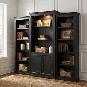 English Elm 78.75 Inch Retro Farmhouse 3 Piece Bookcase Set with LED Light and Tempered Glass Shelves SN845P438697B