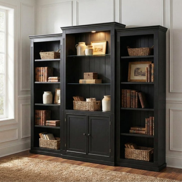 English Elm 78.75 Inch Retro Farmhouse 3 Piece Bookcase Set with LED Light and Tempered Glass Shelves SN845P438697B