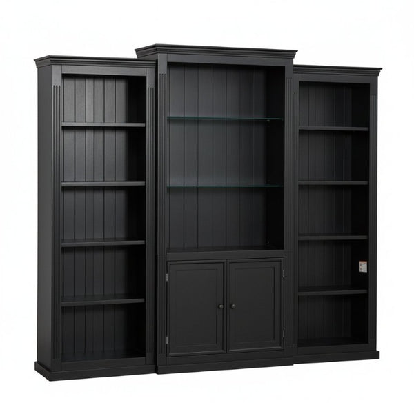 English Elm 78.75 Inch Retro Farmhouse 3 Piece Bookcase Set with LED Light and Tempered Glass Shelves SN845P438697B