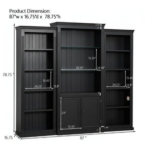 English Elm 78.75 Inch Retro Farmhouse 3 Piece Bookcase Set with LED Light and Tempered Glass Shelves SN845P438697B