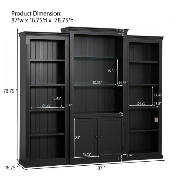 English Elm 78.75 Inch Retro Farmhouse 3 Piece Bookcase Set with LED Light and Tempered Glass Shelves SN845P438697B
