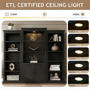 English Elm 78.75 Inch Retro Farmhouse 3 Piece Bookcase Set with LED Light and Tempered Glass Shelves SN845P438697B