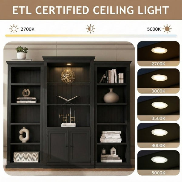 English Elm 78.75 Inch Retro Farmhouse 3 Piece Bookcase Set with LED Light and Tempered Glass Shelves SN845P438697B