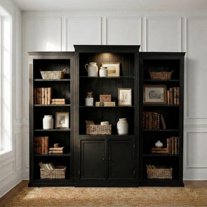 English Elm 78.75 Inch Retro Farmhouse 3 Piece Bookcase Set with LED Light and Tempered Glass Shelves SN845P438697B