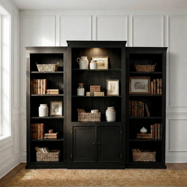 English Elm 78.75 Inch Retro Farmhouse 3 Piece Bookcase Set with LED Light and Tempered Glass Shelves SN845P438697B