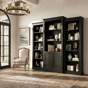 English Elm 78.75 Inch Retro Farmhouse 3 Piece Bookcase Set with LED Light and Tempered Glass Shelves SN845P438697B