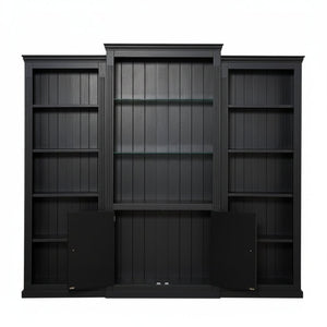 English Elm 78.75 Inch Retro Farmhouse 3 Piece Bookcase Set with LED Light and Tempered Glass Shelves SN845P438697B