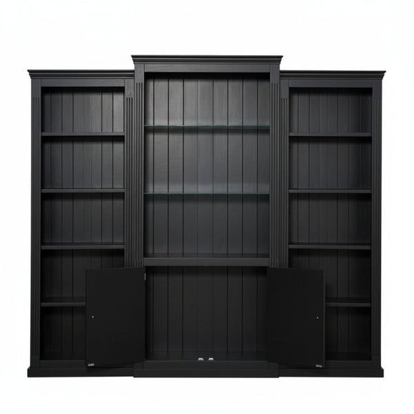 English Elm 78.75 Inch Retro Farmhouse 3 Piece Bookcase Set with LED Light and Tempered Glass Shelves SN845P438697B