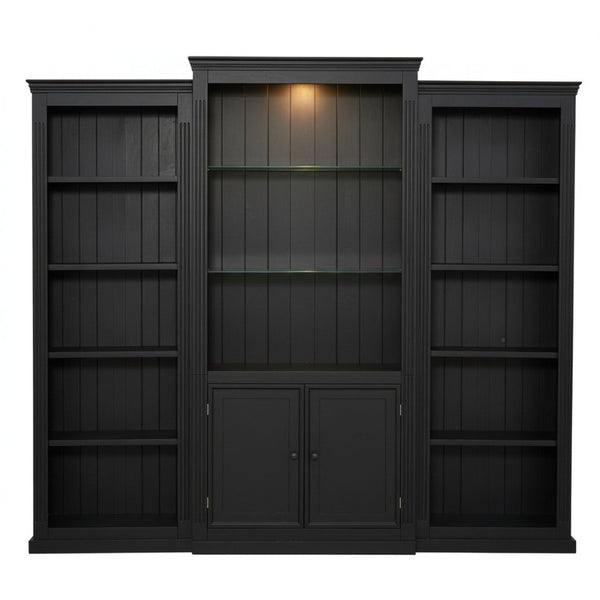English Elm 78.75 Inch Retro Farmhouse 3 Piece Bookcase Set with LED Light and Tempered Glass Shelves SN845P438697B