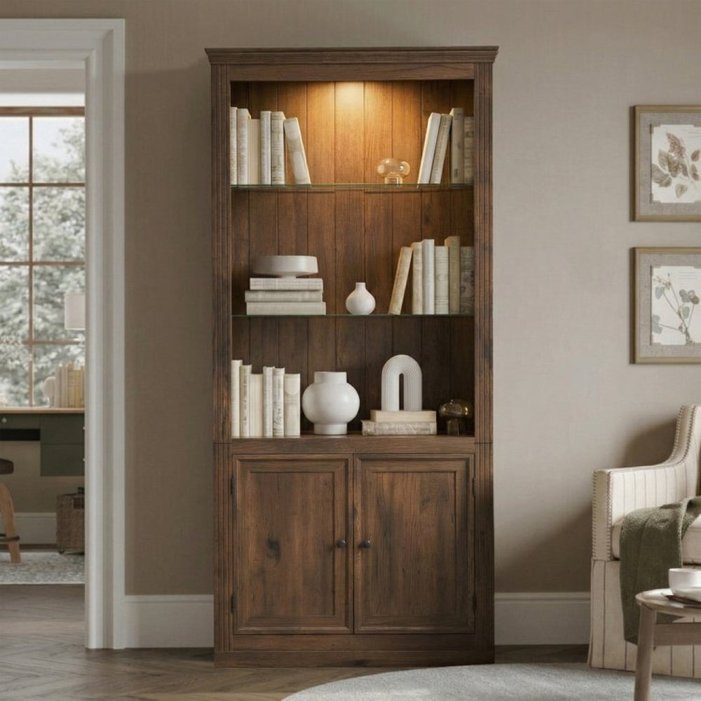 English Elm 78.75''H Farmhouse Bookcase with LED Light Walnut MDF Cabinet Adjustable Glass Shelves SN845P438806D