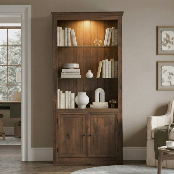 English Elm 78.75''H Farmhouse Bookcase with LED Light Walnut MDF Cabinet Adjustable Glass Shelves SN845P438806D
