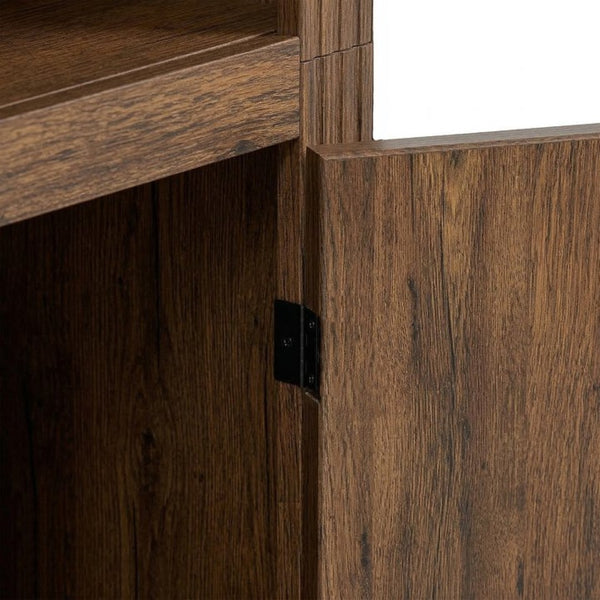 English Elm 78.75''H Farmhouse Bookcase with LED Light Walnut MDF Cabinet Adjustable Glass Shelves SN845P438806D
