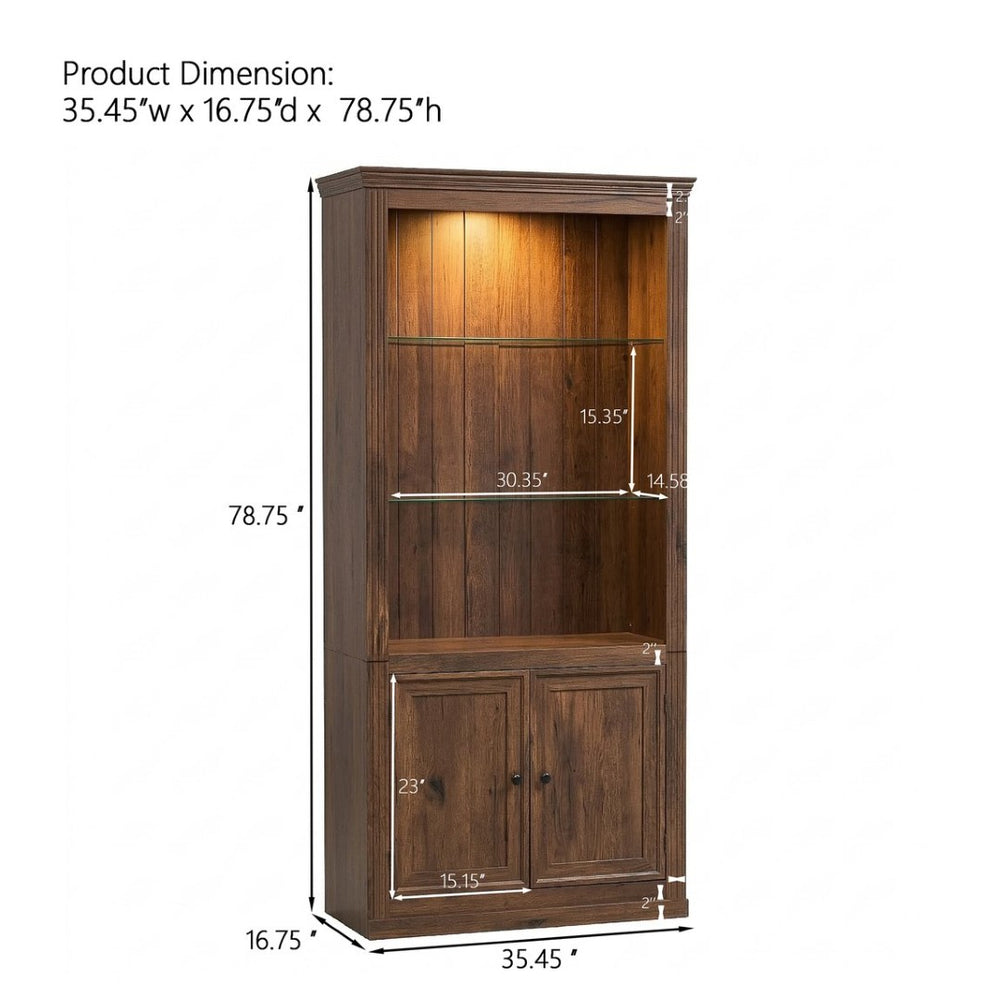 English Elm 78.75''H Farmhouse Bookcase with LED Light Walnut MDF Cabinet Adjustable Glass Shelves SN845P438806D