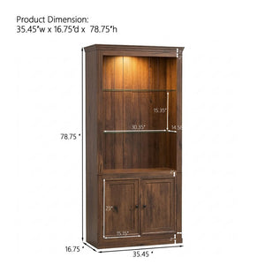 English Elm 78.75''H Farmhouse Bookcase with LED Light Walnut MDF Cabinet Adjustable Glass Shelves SN845P438806D