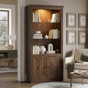 English Elm 78.75''H Farmhouse Bookcase with LED Light Walnut MDF Cabinet Adjustable Glass Shelves SN845P438806D