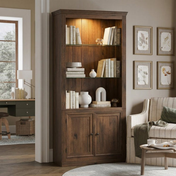 English Elm 78.75''H Farmhouse Bookcase with LED Light Walnut MDF Cabinet Adjustable Glass Shelves SN845P438806D