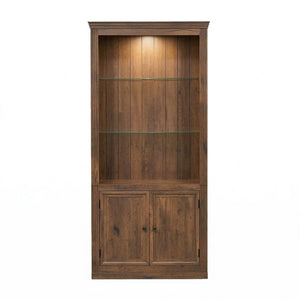 English Elm 78.75''H Farmhouse Bookcase with LED Light Walnut MDF Cabinet Adjustable Glass Shelves SN845P438806D