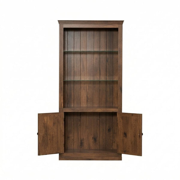 English Elm 78.75''H Farmhouse Bookcase with LED Light Walnut MDF Cabinet Adjustable Glass Shelves SN845P438806D