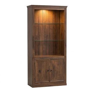 English Elm 78.75''H Farmhouse Bookcase with LED Light Walnut MDF Cabinet Adjustable Glass Shelves SN845P438806D