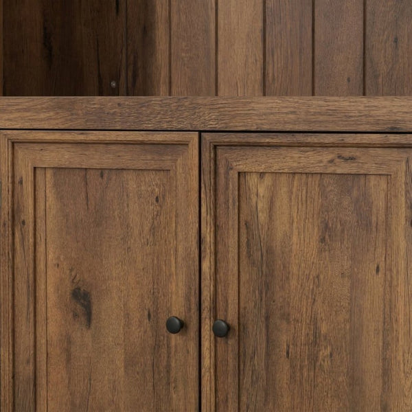 English Elm 78.75''H Farmhouse Bookcase with LED Light Walnut MDF Cabinet Adjustable Glass Shelves SN845P438806D