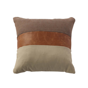 Lh Imports Three Tone Decorative Pillow - Stylish Cushion With Mixed Fabrics & Leather For Home Elegance Brown,Grey,Beige Polyester,Rayon,Leather,Polyester Fiber Snh-70-tt