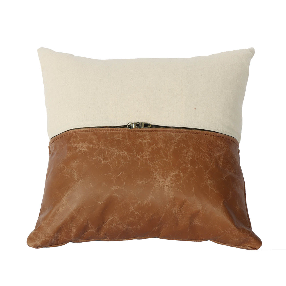 Lh Imports Two Tone Decorative Pillow - Luxurious 100% Leather & Linen Cushion For Stylish Home Décor! Brown,Beige Fabric & Leather Snh-70-ttd
