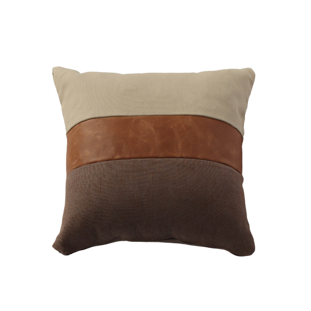 Lh Imports Three Tone Decorative Pillow - Stylish Cushion With Mixed Fabrics & Leather For Home Elegance Brown,Grey,Beige Polyester,Rayon,Leather,Polyester Fiber Snh-70-tt
