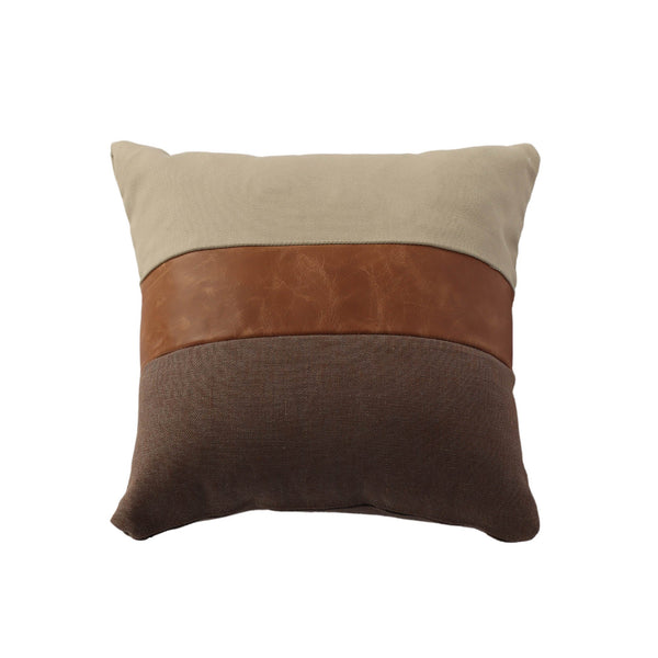 Lh Imports Three Tone Decorative Pillow - Stylish Cushion With Mixed Fabrics & Leather For Home Elegance Brown,Grey,Beige Polyester,Rayon,Leather,Polyester Fiber Snh-70-tt