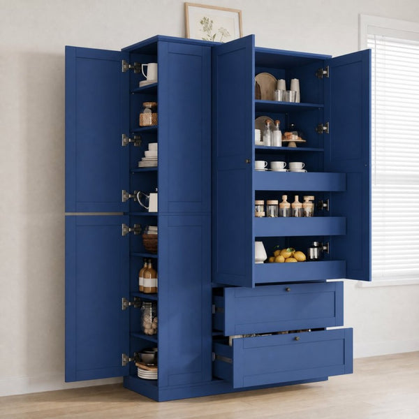 English Elm Topmax Farmhouse Pantry Cabinet with Pull-out Trays Soft-close Doors and Ample Shelving Blue SP000113AAC