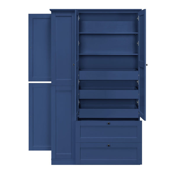 English Elm Topmax Farmhouse Pantry Cabinet with Pull-out Trays Soft-close Doors and Ample Shelving Blue SP000113AAC